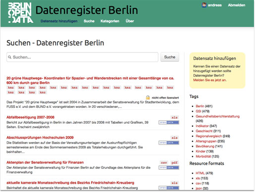 Ein Screenshot von Berliner Datenregister