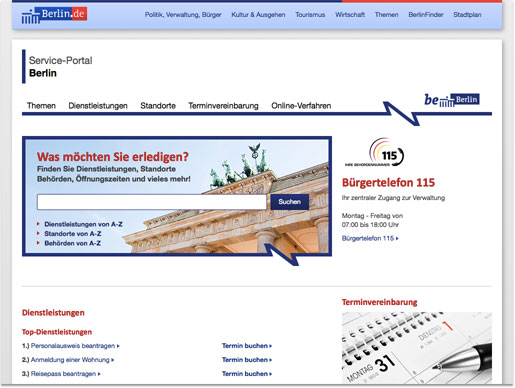 Screenshot des Serviceportals des Landes Berlin